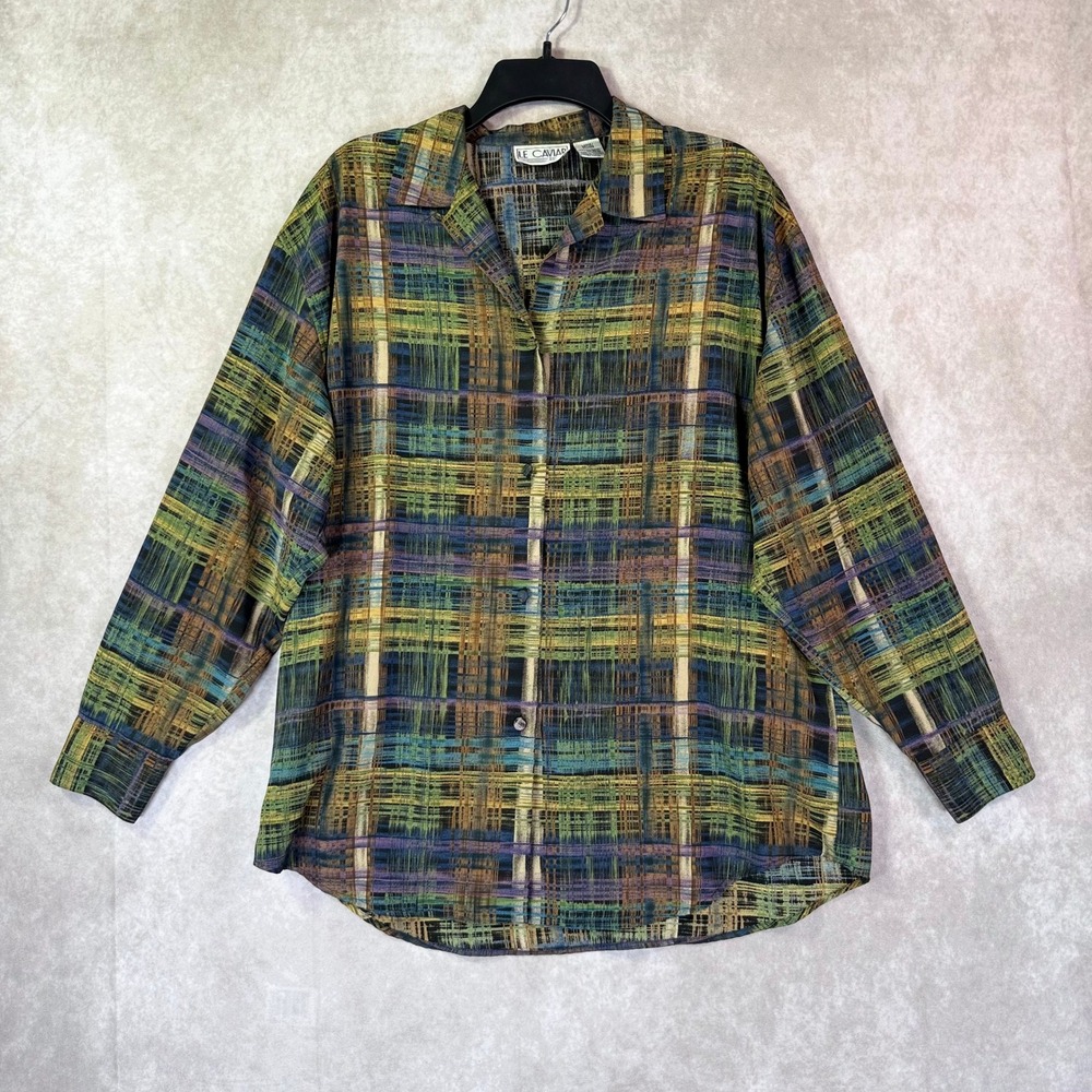 Le Caviar VTG Blouse Women Large Multicolor Geo Abstract Plaid Art To Wear Y2K
